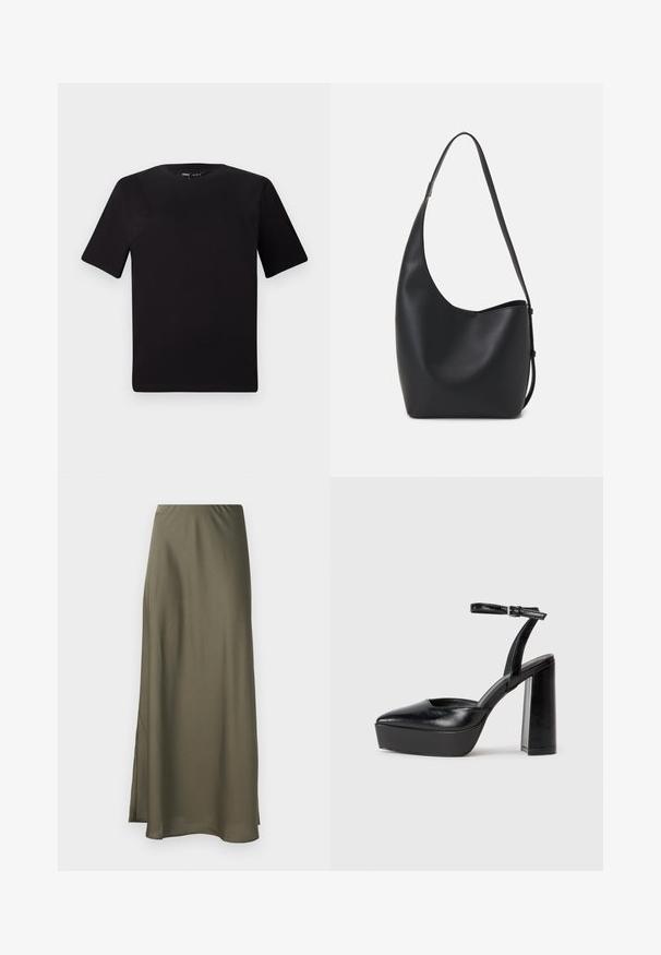 Tricou scurt negru cu mânecă scurtă și guler rotund, realizat dintr-un material de bumbac moale. Design simplu, fără logo-uri sau modele vizibile.; Fustă maxi verde măslin dintr-un material neted și fluid, cu o tăietură laterală și un elastic la talie pentru confort. Fără modele sau detalii de metal.; Pantofi cu toc platformă negri, cu vârful ascuțit și curea reglabilă la gleznă. Confecționați din piele netedă, având un toc gros.; Geantă hobo din piele neagră, cu o textură netedă, formă curbată și un singur bretele ajustabil; are o deschidere largă în partea de sus.