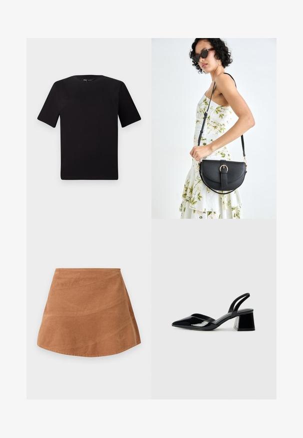 Zwarte T-shirt met korte mouwen en een ronde hals, gemaakt van zachte katoenstof. Eenvoudig ontwerp, geen zichtbare logo's of patronen.; Bruine corduroy mini rok met een uitlopende ontwerp, voorzien van een gladde textuur en subtiele verticale lijnen van het ribbelpatroon van de stof.; Zwarte gepatineerde leren slingback hakken met een spitse neus en een geometrische blokhak. Kenmerkt zich door een slank, minimalistisch ontwerp en een gladde textuur.; Zwarte leren handtas met een gebogen vorm, afneembare schouderband en gouden hardware. De tas heeft een klep met een gespsluiting.