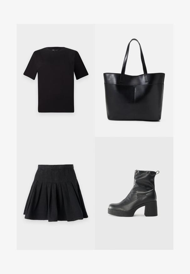 T-shirt preta de mangas curtas com decote redondo, feita de tecido de algodão suave. Design simples, sem logótipos ou padrões visíveis.; Saia preta plissada feita de tecido de algodão. Apresenta uma cintura ajustada e uma bainha dispersa. Design simples, sem padrões ou adornos visíveis.; Botas de tornozelo pretas feitas de couro liso, com fecho lateral, salto grosso texturizado e design de bico arredondado.; Bolsa tote preta em couro com duas alças longas, textura suave e forma estruturada. Apresenta um bolso frontal para armazenamento adicional.