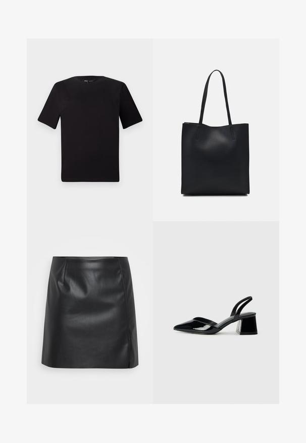 Melnas īsām piedurknēm T-krekls ar apaļu kakla izgriezumu, izgatavots no mīksta kokvilnas auduma. Vienkāršs dizains, bez redzamām logo vai rakstiem.; Melnās ādas mini svārki ar gludu tekstūru, ar nedaudz izplestu formu, priekšējiem pleciem un sānu šuvi papildu detaļām.; Melna lakota āda ar atvērto papēdi, ar smailu purngalu un ģeometrisku blokpapēdi. Iezīmējas elegants, minimāls dizains un gluda tekstūra.; Melnas ādas somiņa ar gludu tekstūru, taisnstūra formu un divām garām rokturiem. Nav redzamu aparatūras vai rotājumu.