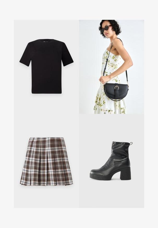 Musta lyhythihainen t-paita pyöreällä kaula-aukolla, valmistettu pehmeästä puuvillakankaasta. Yksinkertainen malli, ei näkyviä logoja tai kuvioita.; Ruskea ja valkoinen ruudukko henkäilysarja, jossa on jämäkkä muotoilu ja selkeä rakenne, korkea vyötärö ja useita pystysuoria poimintoja.; Mustat nilkkurit, jotka on valmistettu sileästä nahasta. Niissä on sivuvetoketju, paksu teksturoitu korko ja pyöristetty kärki.; Musta nahkainen käsilaukku, joka on kaareva muotoilultaan, irrotettavalla hihnalla ja kultaisilla yksityiskohdilla. Laukussa on läppä, jossa on solk yksityiskohta.
