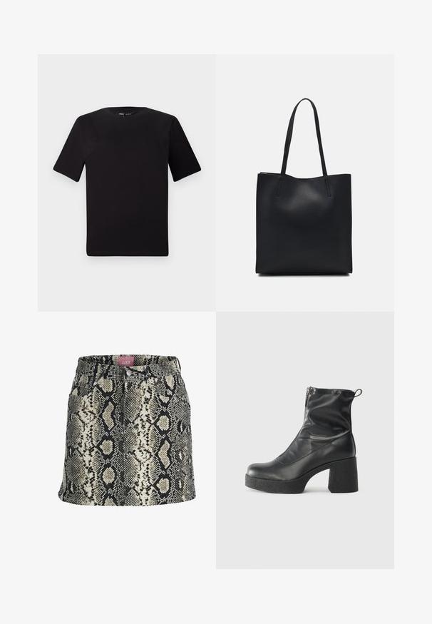 Tricou scurt negru cu mânecă scurtă și guler rotund, realizat dintr-un material de bumbac moale. Design simplu, fără logo-uri sau modele vizibile.; O fustă mulată cu un model de print de șarpe bej și negru, cu închidere cu nasture, bucle pentru curea și patru buzunare funcționale.; Bocanci negri de glezna din piele netedă, cu fermoar lateral, toc texturat și masiv, și design cu vârf rotund.; Geantă tote neagră din piele, cu textură netedă, formă rectangulară și două mânere lungi. Fără hardware vizibil sau ornamente.