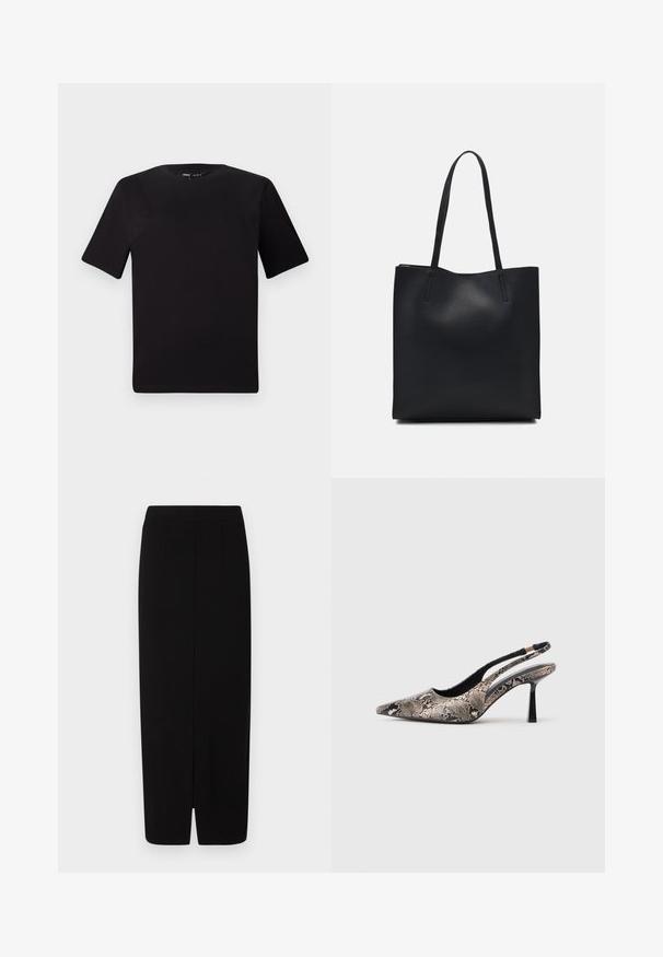 Black short-sleeve t-shirt with a round neckline, crafted from soft cotton fabric. Simple design, no visible logos or patterns.; Black pencil skirt made of smooth fabric, featuring a high waist, two front pleats, and a slit at the hem for ease of movement.; Pointed-toe slingback shoes made of textured snake print material, featuring a slender black heel and a cutout design on the sides.; Black leather tote bag with smooth texture, rectangular shape, and two long handles. No visible hardware or embellishments.