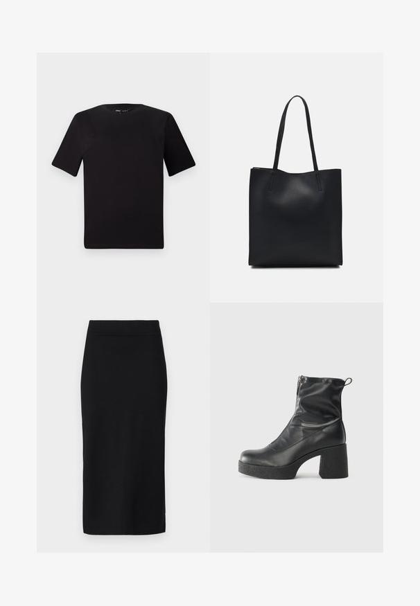 Fekete, rövid ujjú póló, kerek nyakkal, puha pamutból készült. Egyszerű dizájn, nincs látható logó vagy minta.; Fekete, térd hosszúságú szoknya sima anyagból, követi a test vonalát, diszkrét derékpánttal és látható záródások vagy zsebek nélkül.; Fekete bokacsizmák sima bőrből, oldalsó cipzárral, vastag, texturált sarkú és lekerekített orrú dizájnnal.; Fekete bőrtáska sima felszínnel, téglalap alakú, két hosszú füllel. Nincs látható fémkiegészítő vagy díszítés.