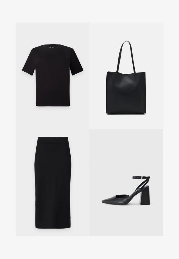 Schwarzes T-Shirt mit kurzen Ärmeln und Rundhalsausschnitt, aus weichem Baumwollmaterial gefertigt. Schlichtes Design, keine sichtbaren Logos oder Muster.; Schwarzer knielanger Rock aus glattem Stoff, der ein enganliegendes Design mit einem unauffälligen Bund und ohne sichtbare Verschlüsse oder Taschen aufweist.; Schwarze Leder-Pumps mit spitzer Zehe, einem Knöchelriemen und einem blockigen Absatz. Flache Textur, elegantes Design und minimalistische Ästhetik.; Schwarze Laptoptasche aus Leder mit glatter Textur, rechteckiger Form und zwei langen Griffen. Keine sichtbaren Beschläge oder Verzierungen.