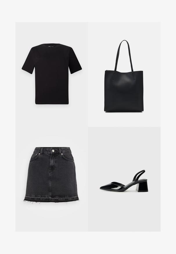 Crna majica kratkih rukava s okruglim izrezom, izrađena od mekane pamučne tkanine. Jednostavan dizajn, bez vidljivih logotipa ili uzoraka.; Crna traper mini suknja s ravnim siluetom, s prednjim džepovima, metalnim kopčanjem i izgužvanim rubom.; Crne lakirane kožne sandale s otvorenom petom i špicastim vrhom, s geometrijskom blok petom. Imaju elegantan, minimalistički dizajn i glatku teksturu.; Crna kožna torba za nošenje s glatkom teksturom, pravokutnim oblikom i dvije duge ručke. Nema vidljivih metalnih dijelova ili ukrasa.