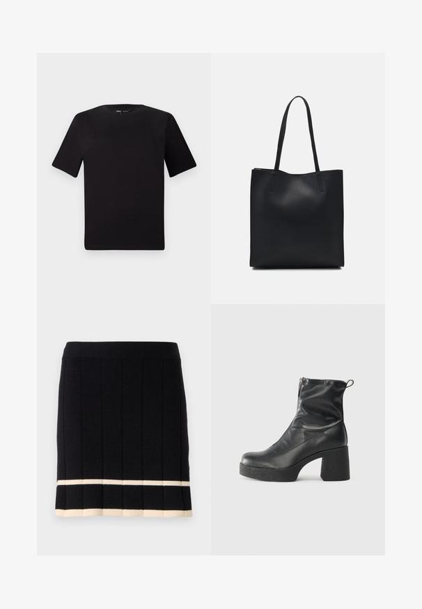 T-shirt nera a maniche corte con scollatura rotonda, realizzata in morbido cotone. Design semplice, senza loghi o motivi visibili.; Gonna nera lavorata a maglia con righe verticali, caratterizzata da una striscia crema a contrasto all'orlo inferiore. Elastico in vita. Design classico.; Stivali neri alla caviglia in pelle liscia, con zip laterale, tacco spesso e texture, e punta arrotondata.; Borsa tote in pelle nera con texture liscia, forma rettangolare e due manici lunghi. Nessun hardware o decorazione visibile.