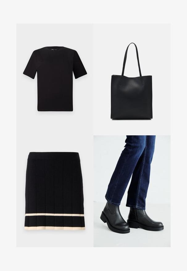 T-shirt noir à manches courtes avec un col rond, fabriqué en coton doux. Design simple, sans logos ni motifs visibles.; Jupe noire en tricot avec des côtes verticales, présentant une bande crémeuse contrastante au bas de l'ourlet. Taille élastique. Design classique.; Bottines en cuir noir avec une semelle épaisse et des panneaux élastiques sur les côtés, associées à un jean bleu foncé. Le sol est de couleur claire.; Sac fourre-tout en cuir noir avec une texture lisse, de forme rectangulaire et deux longues poignées. Pas de matériel ou d'ornementations visibles.