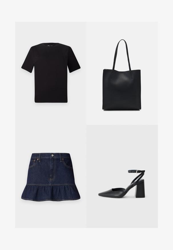T-shirt nera a maniche corte con scollatura rotonda, realizzata in morbido cotone. Design semplice, senza loghi o motivi visibili.; Gonna in denim scuro con orlo arricciato, design a cinque tasche, passanti per cintura e chiusura frontale con bottone. Texture liscia e taglio dritto.; Pump in pelle nera con punta affusolata, cinturino alla caviglia e tacco spesso. Texture piatta, design elegante ed estetica minimalista.; Borsa tote in pelle nera con texture liscia, forma rettangolare e due manici lunghi. Nessun hardware o decorazione visibile.