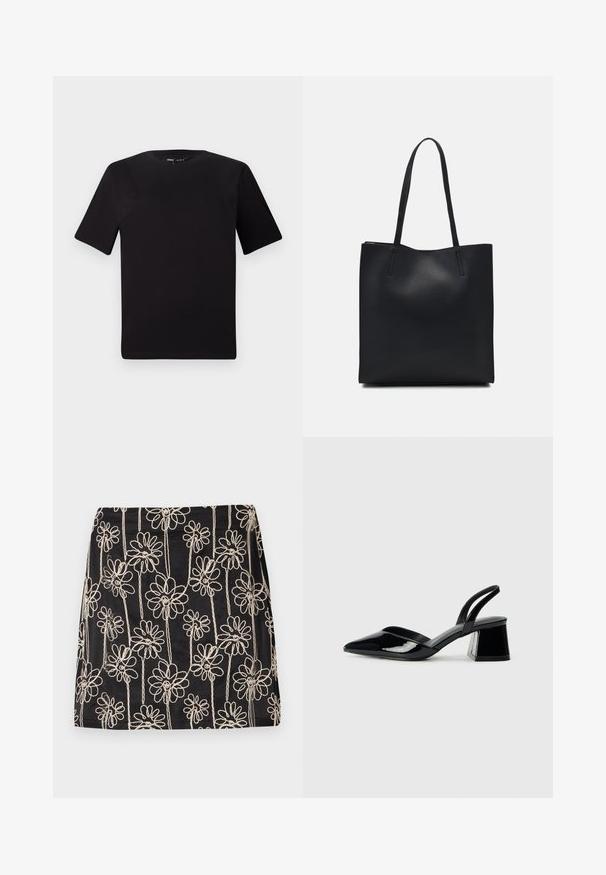 Schwarzes T-Shirt mit kurzen Ärmeln und Rundhalsausschnitt, aus weichem Baumwollmaterial gefertigt. Schlichtes Design, keine sichtbaren Logos oder Muster.; Schwarzer Rock mit weißer Blumenstickerei und geschwungenen Mustern. Glatte Textur und taillierte Form mit sichtbaren Nahtdetails.; Schwarze Lackleder-Slingback-High Heels mit spitzem Schuh und einem geometrischen Blockabsatz. Verfügt über ein schlankes, minimalistisches Design und eine glatte Textur.; Schwarze Laptoptasche aus Leder mit glatter Textur, rechteckiger Form und zwei langen Griffen. Keine sichtbaren Beschläge oder Verzierungen.