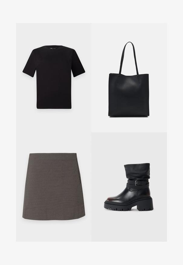 Crna majica kratkih rukava s okruglim izrezom, izrađena od mekane pamučne tkanine. Jednostavan dizajn, bez vidljivih logotipa ili uzoraka.; Mini suknja ravnog kroja s malim uzorkom crno-sivog kariranog uzorka, bez vidljivih ukrasa ili džepova.; Crne kožne čizme do gležnja s opuštenim gornjim dijelom, detaljem kopče i debelim, robusnim đonom. Imaju okrugli vrh i glatku teksturu.; Crna kožna torba za nošenje s glatkom teksturom, pravokutnim oblikom i dvije duge ručke. Nema vidljivih metalnih dijelova ili ukrasa.
