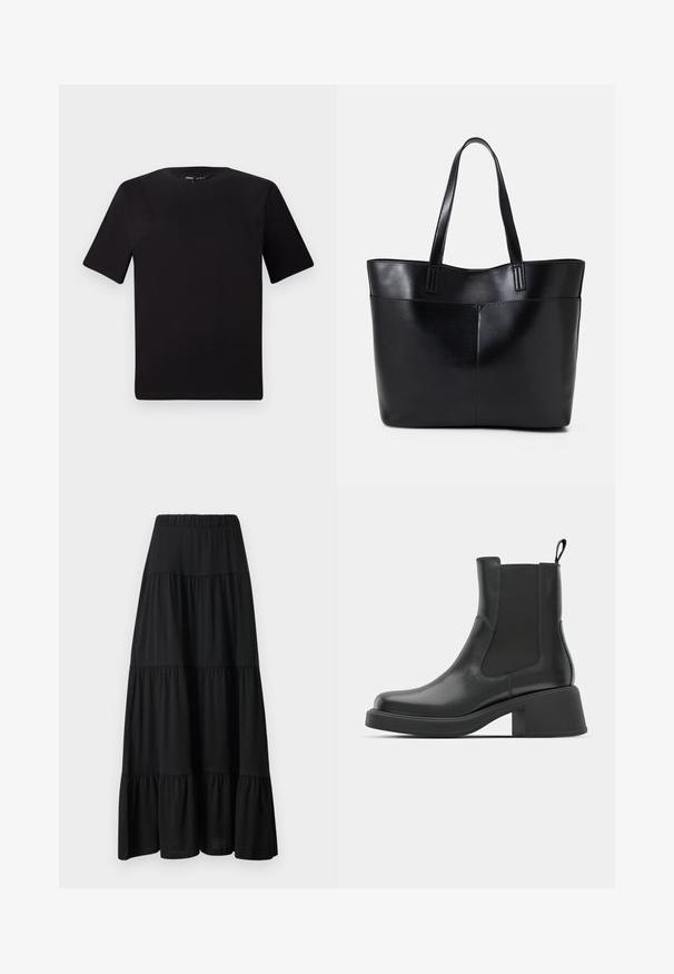 Tricou scurt negru cu mânecă scurtă și guler rotund, realizat dintr-un material de bumbac moale. Design simplu, fără logo-uri sau modele vizibile.; Fustă maxi neagră în straturi, cu un brâu strâns, design fluid și textură fină. Prezintă trei straturi de țesătură distincte.; Botine negre din piele, cu panouri elastice pe laterale, vârf rotund și toc gros. Textură netedă cu un design minimalist.; Geantă oversized din piele neagră, cu două mânere lungi, de textură netedă și formă structurată. Are un buzunar frontal pentru stocare suplimentară.
