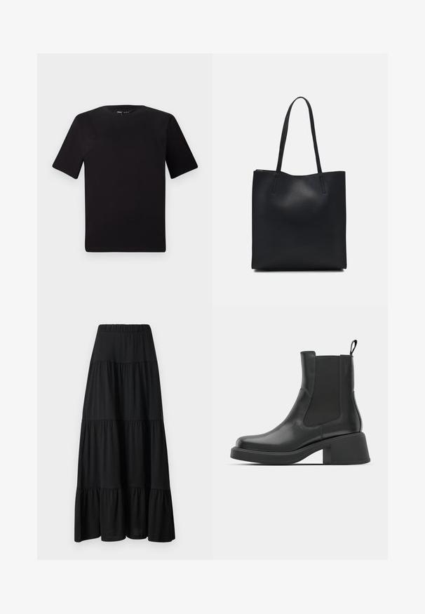 Juodas trumpas rankovės marškinėlis su apvaliu iškirpimu, pagamintas iš minkštos medvilnės medžiagos. Paprastas dizainas, be matomų logotipų ar raštų.; Juodas sluoksniuotas maksi sijonas su surinktu juosmeniu, plazdančiu dizainu ir lygiu paviršiumi. Talpina tris skirtingas audinio sluoksnius.; Juodos odinės kulkšninių botai su elastinėmis šoninėmis plokštėmis, apvaliu kojų pirštu ir masyviu blokiniu kulnu. Lygus paviršius su minimalistiniu dizainu.; Juodas odinis tote krepšys su lygia tekstūra, stačiakampio formos ir dviem ilgais rankenomis. Matomų metalinių detalių ar puošybos nėra.