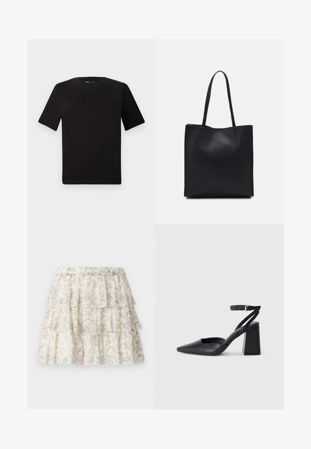 Black short-sleeve t-shirt with a round neckline, crafted from soft cotton fabric. Simple design, no visible logos or patterns.; White skirt with a layered, ruffled design. Features a delicate floral pattern in pink and green. Elastic waistband for comfort.; Black leather pointy-toe pump with an ankle strap and a chunky heel. Flat texture, sleek design, and minimalistic aesthetics.; Black leather tote bag with smooth texture, rectangular shape, and two long handles. No visible hardware or embellishments.