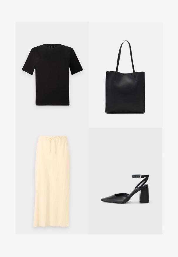 Juodas trumpas rankovės marškinėlis su apvaliu iškirpimu, pagamintas iš minkštos medvilnės medžiagos. Paprastas dizainas, be matomų logotipų ar raštų.; Šviesiai geltona, ilga sijonas iš kvėpuojančios medžiagos, su elastinga juosta, kuri turi raištelį, leidžiantį pritaikyti dydį. Lygus paviršius, be raštų.; Juoda odinė smailiagalė aukštakulnio bateliai su kulkšnies dirželiu ir storu kulnu. Lygus paviršius, elegantiškas dizainas ir minimalistiška estetinė. ; Juodas odinis tote krepšys su lygia tekstūra, stačiakampio formos ir dviem ilgais rankenomis. Matomų metalinių detalių ar puošybos nėra.