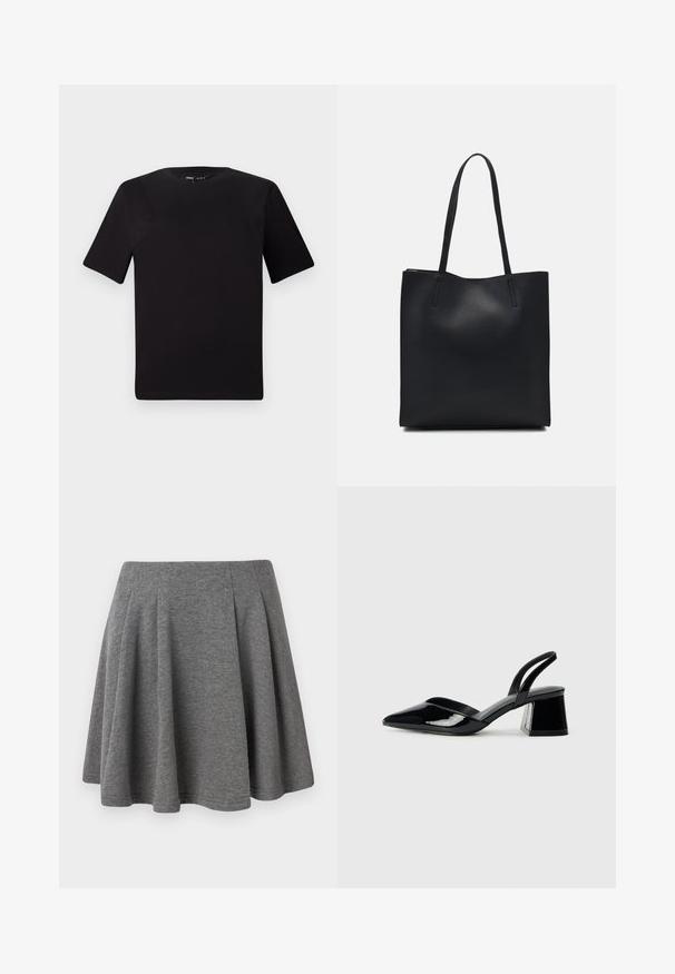 T-shirt preta de mangas curtas com decote redondo, feita de tecido de algodão suave. Design simples, sem logótipos ou padrões visíveis.; Saia plissada cinza feita de um tecido suave, com uma cintura ajustada e uma silhueta larga, apresentando uma textura lisa e um acabamento limpo.; Sandy em verniz preto com salto slingback, ponta afilada e salto geométrico. Apresenta um design elegante e minimalista com textura suave.; Bolsa tote preta em couro com textura lisa, forma retangular e duas alças longas. Sem hardware ou enfeites visíveis.