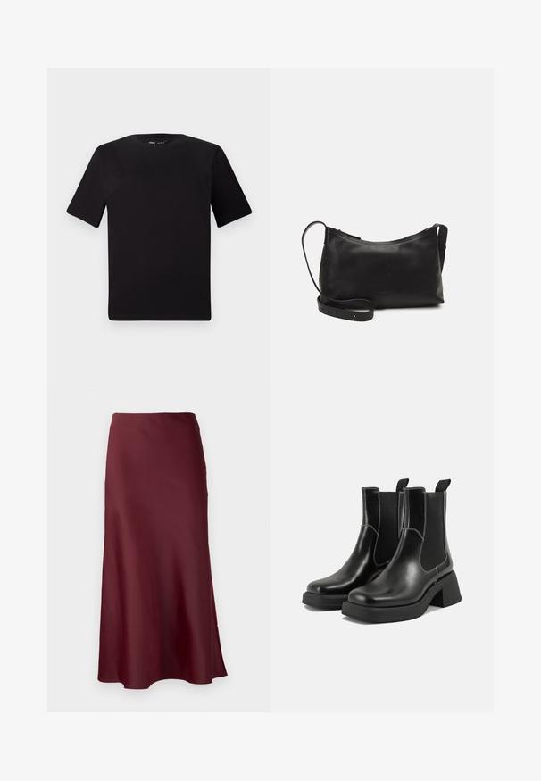 Fekete, rövid ujjú póló, kerek nyakkal, puha pamutból készült. Egyszerű dizájn, nincs látható logó vagy minta.; Selected Femme SLFLENA - A-vonalú szoknya - zinfandel; Fekete bőr Chelsea csizmák masszív sarkakkal, rugalmas oldalsó panelekkel és kontrasztos fehér varrással. Texturált felület.; Fekete bőr válltáska sima felülettel, ívelt formával, állítható pánttal és cipzáras záródással. Minimalista dizájn díszítmények nélkül.