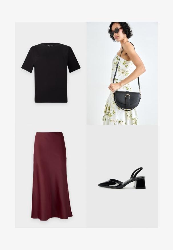 Črna majica s kratkimi rokavi in okroglim izrezom, izdelana iz mehkega bombažnega materiala. Preprost dizajn, brez vidnih logotipov ali vzorcev.; Selected Femme SLFLENA - Krilo A-kroja - zinfandel; Črne lakirane slingback pete s koničastim nosom in geometrijsko blokasto peto. Imajo eleganten, minimalističen dizajn in gladko teksturo.; Črna usnjena torbica s ukrivljeno obliko, z odstranljivo naramnico in zlatimi dodatki. Torbica ima pokrov s podrobnostmi v obliki zaponke.
