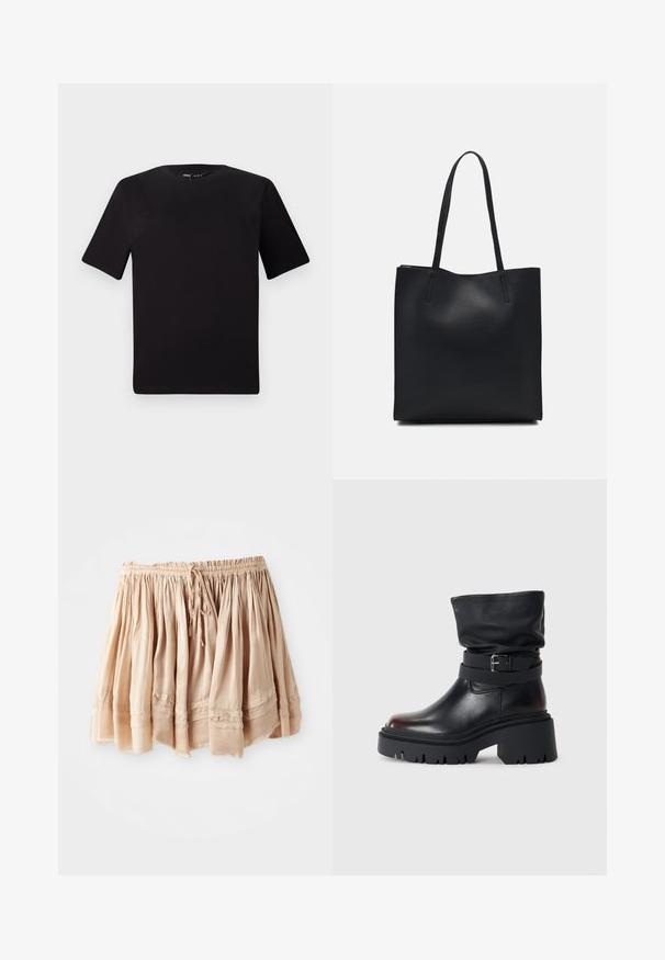 Melnas īsām piedurknēm T-krekls ar apaļu kakla izgriezumu, izgatavots no mīksta kokvilnas auduma. Vienkāršs dizains, bez redzamām logo vai rakstiem.; Gaišs bēšs, slāņu svārki, kas izgatavoti no mīksta auduma, ar elastīgu jostasvieta un regulējamu šnauri, ar maigiem pleatiem un izšūtiem akcentiem.; Melnas ādas potītes zābaki ar vaļīgu augšdaļu, sprādzi, un biezu, izturīgu zoli. Iezīmē apaļu purngalu un gludu tekstūru.; Melnas ādas somiņa ar gludu tekstūru, taisnstūra formu un divām garām rokturiem. Nav redzamu aparatūras vai rotājumu.