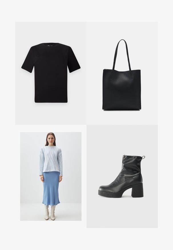 T-shirt noir à manches courtes avec un col rond, fabriqué en coton doux. Design simple, sans logos ni motifs visibles.; Pull en laine bleu clair avec des rayures blanches texturées, associé à une jupe midi bleue lisse et des bottes blanches brillantes montantes.; Bottes noires à la cheville en cuir lisse, dotées d'une fermeture éclair sur le côté, d'un talon épais texturé et d'une conception à bout rond.; Sac fourre-tout en cuir noir avec une texture lisse, de forme rectangulaire et deux longues poignées. Pas de matériel ou d'ornementations visibles.