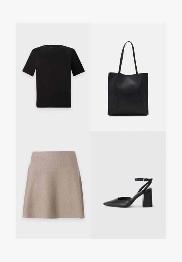 Camiseta negra de manga corta con cuello redondo, fabricada en suave algodón. Diseño simple, sin logos ni patrones visibles.; Una falda beige de corte acampanado, hecha de una tela suave con una textura lisa y un dobladillo limpio. Diseño sencillo sin patrones o adornos visibles.; Zapato de tacón puntiagudo de cuero negro con tira en el tobillo y tacón ancho. Textura plana, diseño elegante y estética minimalista.; Bolso tote de cuero negro con textura lisa, forma rectangular y dos asas largas. Sin herrajes ni adornos visibles.