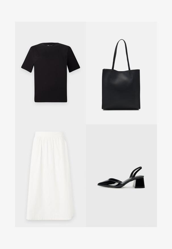 Tricou scurt negru cu mânecă scurtă și guler rotund, realizat dintr-un material de bumbac moale. Design simplu, fără logo-uri sau modele vizibile.; Fustă albă, până la genunchi, din bumbac, cu un brâu elastic. Prezintă o textură netedă, simplă și un design lejer, fluid.; Pantofi cu toc slingback din piele lacuită neagră, cu vârf ascuțit și toc geometric. Prezintă un design elegant, minimalist și o textură netedă.; Geantă tote neagră din piele, cu textură netedă, formă rectangulară și două mânere lungi. Fără hardware vizibil sau ornamente.