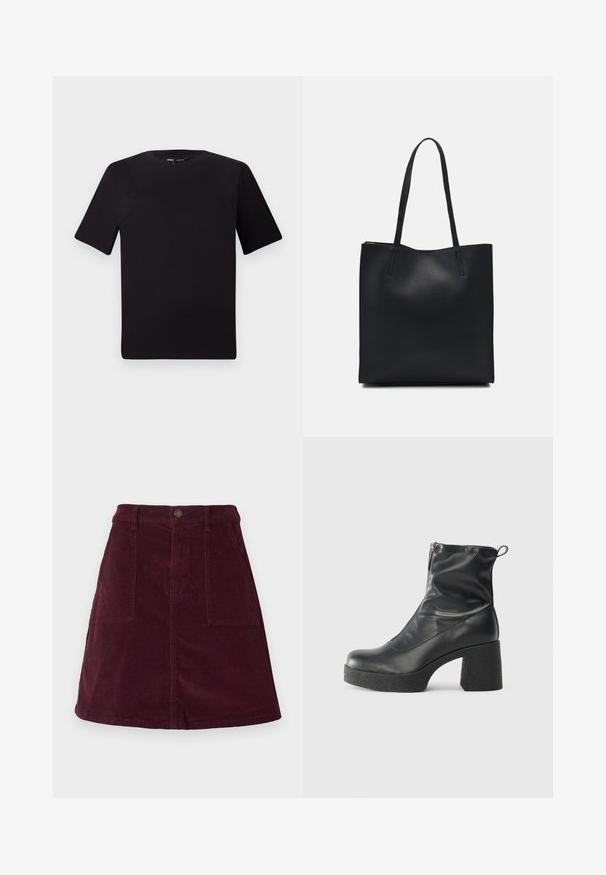 T-shirt preta de mangas curtas com decote redondo, feita de tecido de algodão suave. Design simples, sem logótipos ou padrões visíveis.; Saia em veludo cotelê cor bordô com corte em linha A, com dois bolsos frontais, fecho com botão na cintura e superfície texturizada.; Botas de tornozelo pretas feitas de couro liso, com fecho lateral, salto grosso texturizado e design de bico arredondado.; Bolsa tote preta em couro com textura lisa, forma retangular e duas alças longas. Sem hardware ou enfeites visíveis.