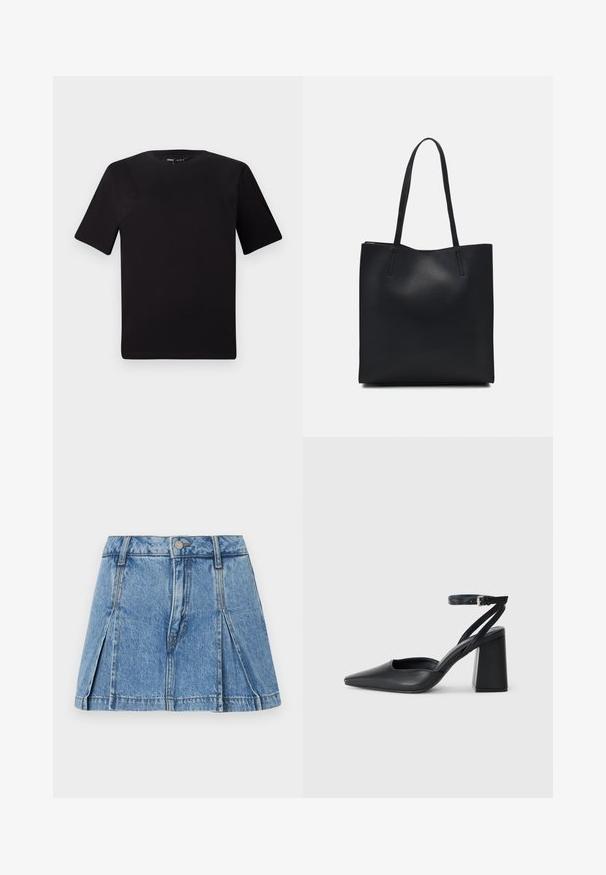 Svart kortärmad t-shirt med rund halsringning, tillverkad i mjukt bomullstyg. Enkelt mönster, utan synliga logotyper eller mönster.; Ljusblå denim minikjol med veckad design, silverfärgad knappstängning och klassisk femfickstil.; Svart läderpumps med spetsig tå, ankelrem och kraftig klack. Slät textur, stilren design och minimalistisk estetik.; Svart lädertoffelväska med slät textur, rektangulär form och två långa handtag. Ingen synlig hårdvara eller dekorationer.