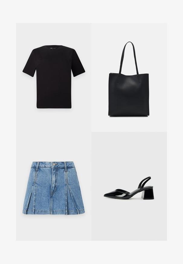 Zwarte T-shirt met korte mouwen en een ronde hals, gemaakt van zachte katoenstof. Eenvoudig ontwerp, geen zichtbare logo's of patronen.; Lichtblauwe denim mini-jurk met een geplooid ontwerp, zilveren knoopsluiting en klassieke vijf-pocketstijl.; Zwarte gepatineerde leren slingback hakken met een spitse neus en een geometrische blokhak. Kenmerkt zich door een slank, minimalistisch ontwerp en een gladde textuur.; Zwarte leren handtas met een gladde textuur, rechthoekige vorm en twee lange handvaten. Geen zichtbare hardware of versieringen.