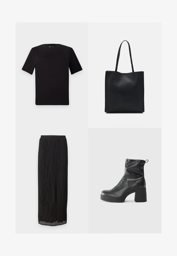 Melnas īsām piedurknēm T-krekls ar apaļu kakla izgriezumu, izgatavots no mīksta kokvilnas auduma. Vienkāršs dizains, bez redzamām logo vai rakstiem.; Melna plozhēta midi svārki ar elastīgu jostu un taisnu piegriezumu. Audums ir ar vertikālām svītrām, kas piešķir papildu tekstūru.; Melni potītes zābaki, kas izgatavoti no gludas ādas, ar sānu rāvējslēdzēju, masīvu strukturētu papēdi un noapaļotu purngalu.; Melnas ādas somiņa ar gludu tekstūru, taisnstūra formu un divām garām rokturiem. Nav redzamu aparatūras vai rotājumu.