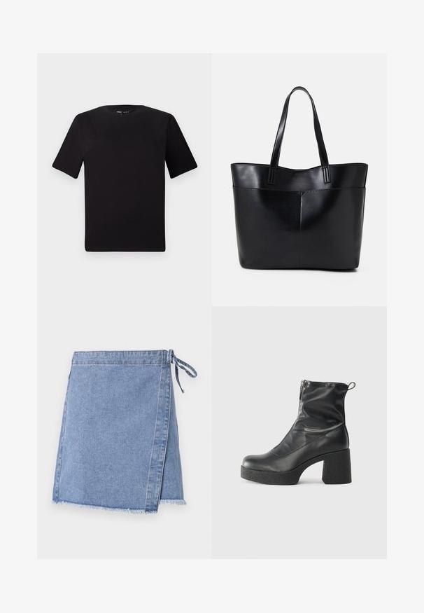 Schwarzes T-Shirt mit kurzen Ärmeln und Rundhalsausschnitt, aus weichem Baumwollmaterial gefertigt. Schlichtes Design, keine sichtbaren Logos oder Muster.; Denim Wickelrock in Hellblau, mit gefesseltem Verschluss, fransigem Saum und geradem Schnitt mit leicht A-Linienform.; Schwarze Stiefeletten aus glattem Leder mit seitlichem Reißverschluss, klobigem strukturiertem Absatz und runder Zehenform.; Schwarze Leder-Shopper-Tasche mit zwei langen Griffen, einer glatten Textur und einer strukturierten Form. Verfügt über eine Vordertasche für zusätzlichen Stauraum.