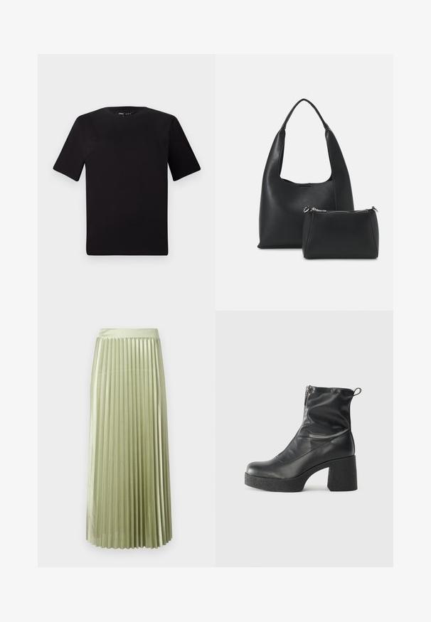 Črna majica s kratkimi rokavi in okroglim izrezom, izdelana iz mehkega bombažnega materiala. Preprost dizajn, brez vidnih logotipov ali vzorcev.; Pregibana midi krila v svetlo zeleni satenski tkanini z gladko teksturo. Prilegnjen pas, ki seže do polovice tele, z enakimi navpičnimi pregibi po celotni dolžini.; Črne gležnjarje iz gladke kože z božnim zadrgo, masivnim teksturiranim peto in zaobljeno obliko prstov.; Even&Odd Torbica - black