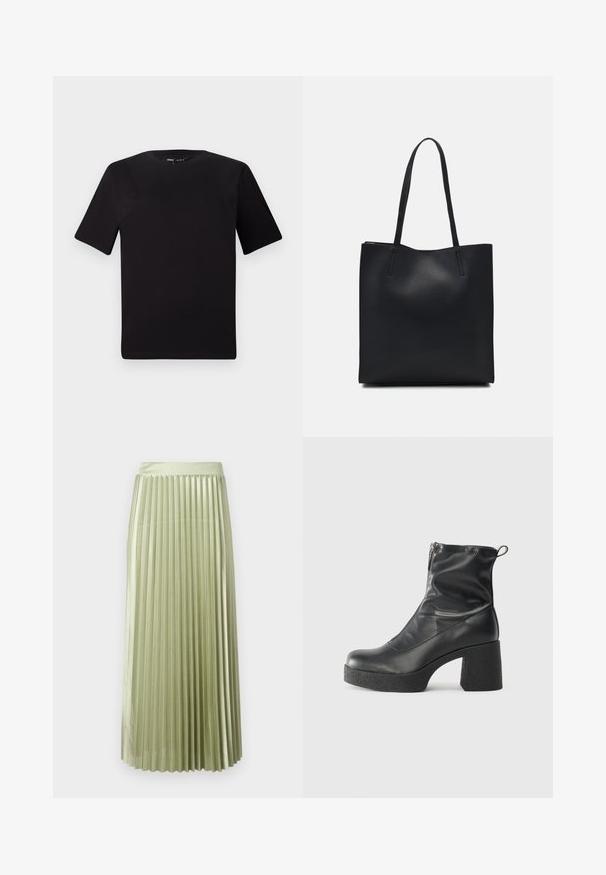 Musta lyhythihainen t-paita pyöreällä kaula-aukolla, valmistettu pehmeästä puuvillakankaasta. Yksinkertainen malli, ei näkyviä logoja tai kuvioita.; Pleated midi-hame vaaleanvihreästä satiinista, jossa on sileä rakenne. Tiukka vyötärö, joka ulottuu puoliväliin pohkeita, ja siinä on tasaiset pystysuorat laskokset koko matkalta.; Mustat nilkkurit, jotka on valmistettu sileästä nahasta. Niissä on sivuvetoketju, paksu teksturoitu korko ja pyöristetty kärki.; Mustapahkainen kangaskassi, jossa on sileä pinta, suorakaiteen muotoinen ja kaksi pitkää kahvaa. Ei näkyvää metalliosaa tai koristeita.