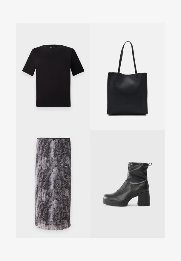 T-shirt preta de mangas curtas com decote redondo, feita de tecido de algodão suave. Design simples, sem logótipos ou padrões visíveis.; Saia lápis com estampa de cobra em preto e cinza, feita de um tecido transparente e texturizado. Apresenta uma bainha em formato de onda e detalhes na parte superior.; Botas de tornozelo pretas feitas de couro liso, com fecho lateral, salto grosso texturizado e design de bico arredondado.; Bolsa tote preta em couro com textura lisa, forma retangular e duas alças longas. Sem hardware ou enfeites visíveis.