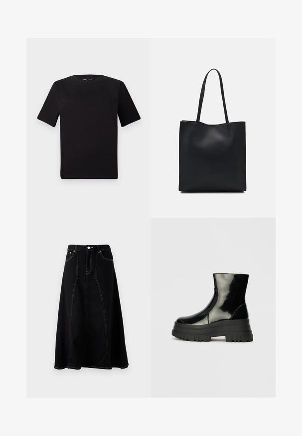 Fekete, rövid ujjú póló, kerek nyakkal, puha pamutból készült. Egyszerű dizájn, nincs látható logó vagy minta.; Fekete farmer szoknya egyenes szabással, sárga öltésekkel, elülső zsebekkel és gombos záródással a deréknál.; Fekete fényes boka csizma vastag bordázott talppal és kerek orral, oldalnézet világos szürke háttér előtt.; Fekete bőrtáska sima felszínnel, téglalap alakú, két hosszú füllel. Nincs látható fémkiegészítő vagy díszítés.