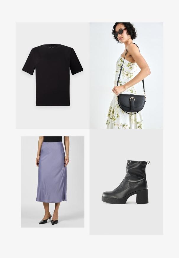 Tricou scurt negru cu mânecă scurtă și guler rotund, realizat dintr-un material de bumbac moale. Design simplu, fără logo-uri sau modele vizibile.; Fustă midi din satin într-o nuanță moale de lavandă, cu o textură netedă, cu fenta pe lateral, purtată cu mule negre cu toc. Se asortează cu o cămașă neagră ajustată.; Bocanci negri de glezna din piele netedă, cu fermoar lateral, toc texturat și masiv, și design cu vârf rotund.; Geantă din piele neagră, cu o formă curbată, curea detașabilă și accesorii aurii. Geanta are un capac cu un detaliu tip cataramă.
