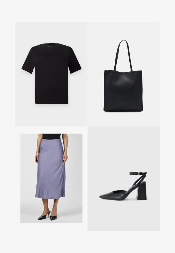 T-shirt noir à manches courtes avec un col rond, fabriqué en coton doux. Design simple, sans logos ni motifs visibles.; Jupe midi en satin de lavande douce, texture lisse, fente sur le côté, portée avec des mules à talons noirs. Sur le dessus, une chemise noire ajustée.; Escarpin noir en cuir à bout pointu avec une bride de cheville et un talon épais. Texture lisse, design élégant et esthétique minimaliste.; Sac fourre-tout en cuir noir avec une texture lisse, de forme rectangulaire et deux longues poignées. Pas de matériel ou d'ornementations visibles.