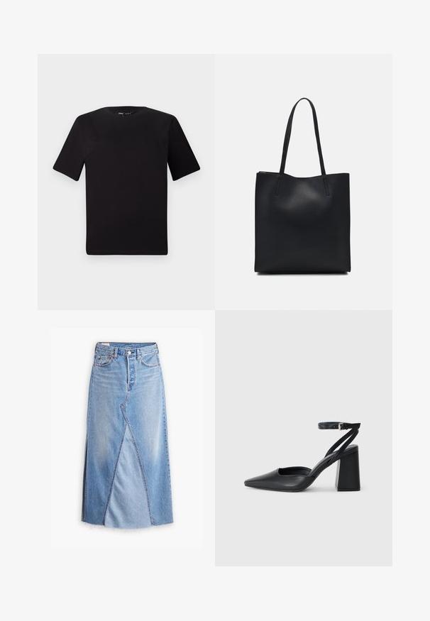 Svart t-skjorte med korte ermer og rund hals, laget av mykt bomullsstoff. Enkelt design, ingen synlige logoer eller mønstre.; Denim maxi skjørt i lys blå med råsøm, med et front søm mønster og lommer. Knappestenging i midjen.; Svart lær pumps med spiss tå, ankelrem og kraftig hæl. Flat tekstur, strømlinjeformet design og minimalisme.; Svart lær tote bag med glatt tekstur, rektangulær form og to lange håndtak. Ingen synlige deler eller dekorasjoner.