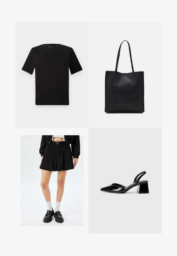 T-shirt nera a maniche corte con scollatura rotonda, realizzata in morbido cotone. Design semplice, senza loghi o motivi visibili.; Gonna mini plissettata nera con cintura, realizzata in tessuto liscio. Abbinata a mocassini in pelle lucida e calze bianche alla caviglia.; Décolleté in vernice nera con punta affusolata e tacco in geometria cubica. Presentano un design elegante e minimalista, con una texture liscia.; Borsa tote in pelle nera con texture liscia, forma rettangolare e due manici lunghi. Nessun hardware o decorazione visibile.; Orecchino in metallo color oro con un design elegante e curvo. Presenta una forma appuntita distintiva, superficie lucida e chiusura a cerniera.