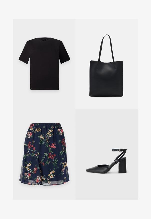 Melnas īsām piedurknēm T-krekls ar apaļu kakla izgriezumu, izgatavots no mīksta kokvilnas auduma. Vienkāršs dizains, bez redzamām logo vai rakstiem.; Ziedu svārki ar elastīgu jostasvietu, kurus rotā tumši zils fons ar sarkaniem, dzelteniem un zaļiem ziedu rakstiem. Vieglas auduma struktūra.; Melna ādas augstpapēžu kurpe ar norakstīto purngala formu, potītes siksniņu un masīlu papēdi. Gluda tekstūra, elegants dizains un minimālisma estētika.; Melnas ādas somiņa ar gludu tekstūru, taisnstūra formu un divām garām rokturiem. Nav redzamu aparatūras vai rotājumu.