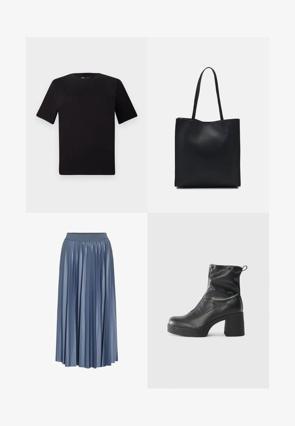 Svart kortärmad t-shirt med rund halsringning, tillverkad i mjukt bomullstyg. Enkelt mönster, utan synliga logotyper eller mönster.; Fållad maxikjol i en dämpad blå färg, tillverkad av glansigt tyg, med elastisk midja och flödande design, med längd till mitten av vaden.; Svarta ankelstövlar i slitstark läder, med sidodragkedja, kraftig strukturerad klack och rundad tådesign.; Svart lädertoffelväska med slät textur, rektangulär form och två långa handtag. Ingen synlig hårdvara eller dekorationer.