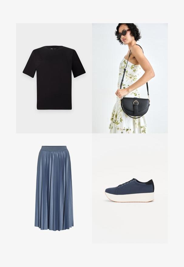 Fekete, rövid ujjú póló, kerek nyakkal, puha pamutból készült. Egyszerű dizájn, nincs látható logó vagy minta.; Ráncsozott maxi szoknya halványkék színben, fényes anyagból készült, rugalmas derékkal és lebegő dizájnnal, amely a vádli közepéig ér.; Sötétkék sportcipő, texturált szövet felsőrész, fehér platform talp, lekerekített orr és fekete sarok akcentussal. Hat fűzőlyuk található rajta.; Fekete bőrtáska ívelt formával, levehető pánttal és arany színű fémrészekkel. A táskán egy csattal díszített fedél található.