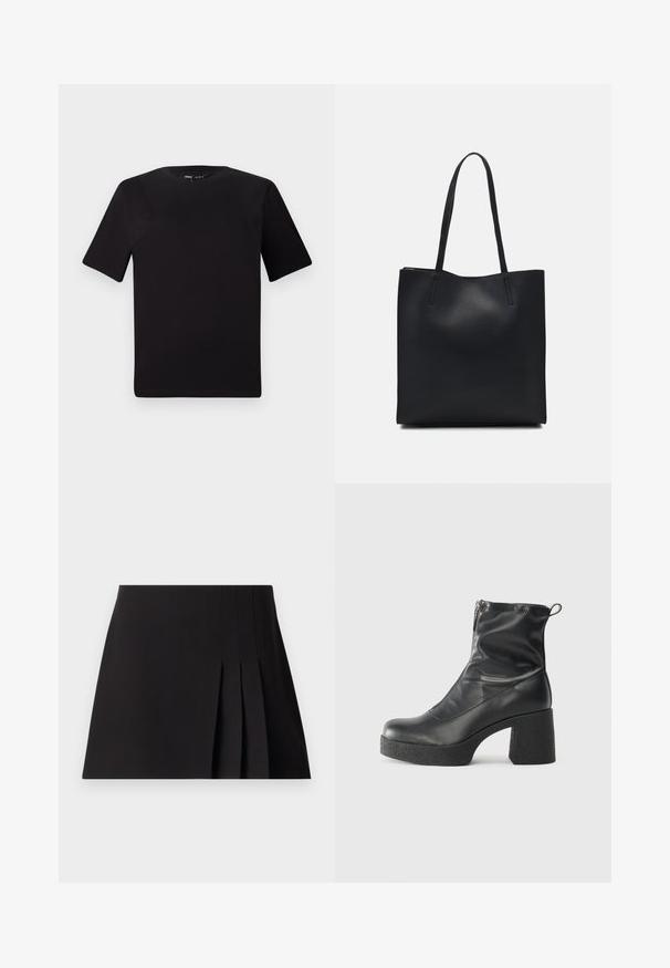 Černé tričko s krátkým rukávem a kulatým výstřihem, vyrobené z měkké bavlněné látky. Jednoduchý design, žádné viditelné logo nebo vzory.; Černá plisovaná mini sukně vyrobená z hladké tkaniny. Má přiléhavý pas a jemné prošívání podél plisování pro texturu.; Černé kotníkové boty vyrobené z hladké kůže, s bočním zipem, robustním strukturovaným podpatkem a kulatou špičkou.; Černá kožená taška přes rameno s hladkým povrchem, obdélníkovým tvarem a dvěma dlouhými uchy. Žádné viditelné kování ani ozdoby.