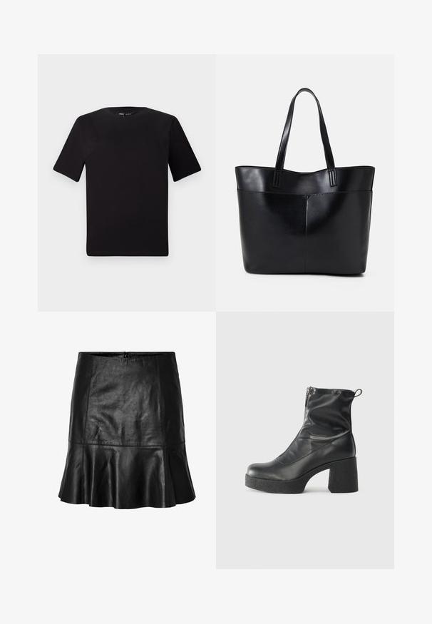 T-shirt preta de mangas curtas com decote redondo, feita de tecido de algodão suave. Design simples, sem logótipos ou padrões visíveis.; Mini saia de pele preta com bainha ampla e detalhes de costura visíveis, apresentando um fecho de zíper nas costas.; Botas de tornozelo pretas feitas de couro liso, com fecho lateral, salto grosso texturizado e design de bico arredondado.; Bolsa tote preta em couro com duas alças longas, textura suave e forma estruturada. Apresenta um bolso frontal para armazenamento adicional.