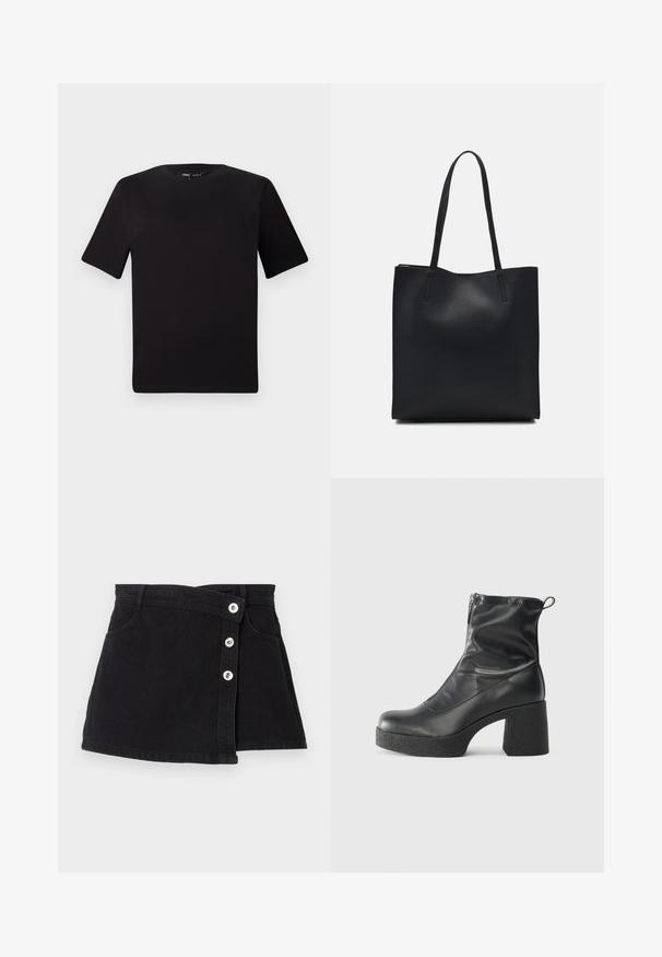 Czarna koszulka z krótkim rękawem o okrągłym dekolcie, wykonana z miękkiej bawełny. Prosty design, bez widocznych logo ani wzorów.; Czarna spódnica dżinsowa o wysokim stanie, z projektem kopertowym, pięcioma srebrnymi guzikami po jednej stronie i dwiema bocznymi kieszeniami. Gładka tekstura.; Czarne botki za kostkę wykonane z gładkiej skóry, wyposażone w boczny zamek błyskawiczny, masywny teksturowany obcas oraz zaokrąglony czubek.; Czarna skórzana torba tote o gładkiej fakturze, prostokątnym kształcie i dwóch długich uchwytach. Brak widocznych elementów metalowych i ozdób.