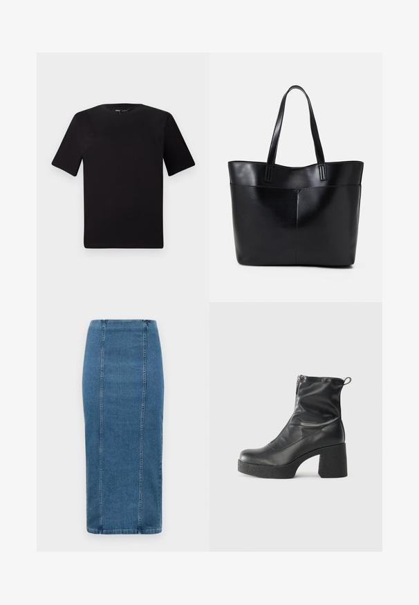 Juodas trumpas rankovės marškinėlis su apvaliu iškirpimu, pagamintas iš minkštos medvilnės medžiagos. Paprastas dizainas, be matomų logotipų ar raštų.; Mėlyna džinsinė pieštuko sijonas su vertikaliomis siūlėmis ir aukštu liemeniu, nusileidžiantis žemiau kelių, rodomas ant balto fono.; Juodos kulkšninių botai, pagaminti iš lygaus odos, su šoniniu užtrauktuku, masyviu tekstūruotu kulnu ir apvaliu pirštu.; Juoda odinė rankinė su dviem ilgais diržais, lygiu paviršiumi ir struktūrizuota forma. Yra priekinė kišenė papildomam saugojimui.