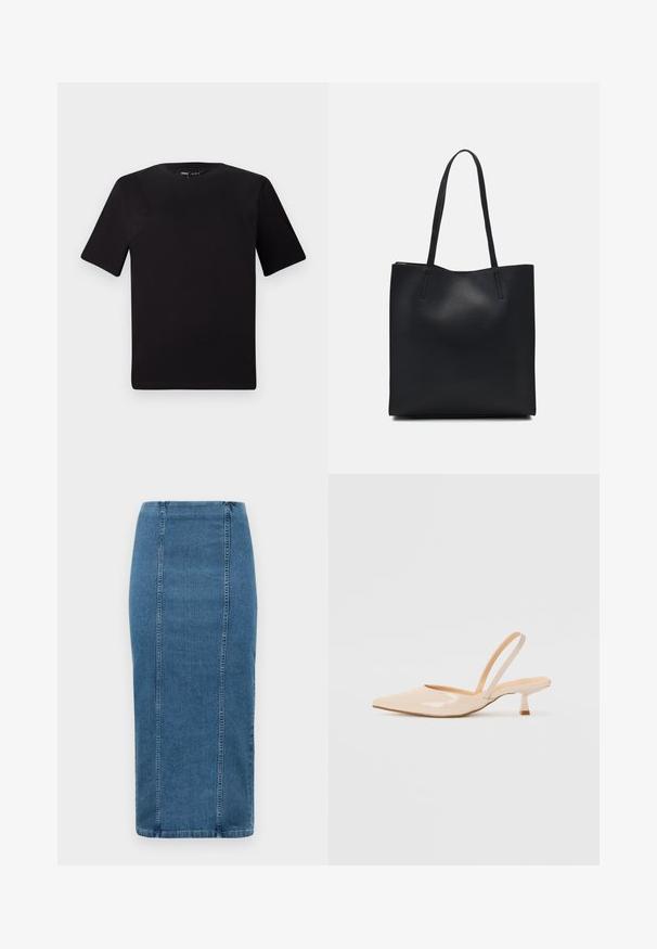 T-shirt preta de mangas curtas com decote redondo, feita de tecido de algodão suave. Design simples, sem logótipos ou padrões visíveis.; Saia lápis de denim azul com costuras verticais e uma cintura alta, caindo abaixo do joelho, apresentada sobre um fundo branco.; Saltos slingback em couro sintético bege com bico apontado e um salto quadrado fino. Textura suave e design minimalista sem embellishments.; Bolsa tote preta em couro com textura lisa, forma retangular e duas alças longas. Sem hardware ou enfeites visíveis.
