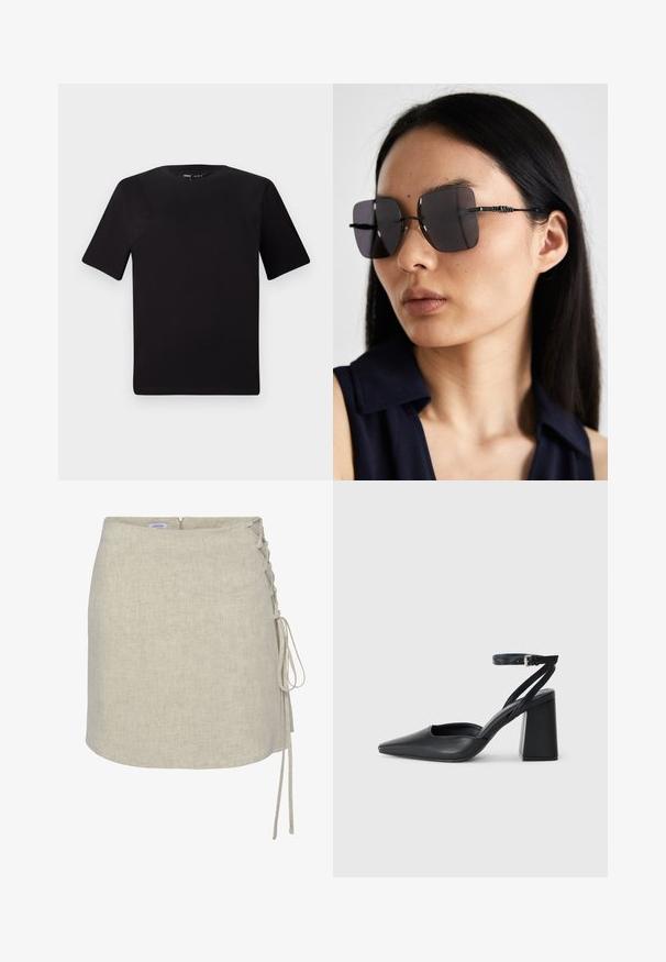 Fekete, rövid ujjú póló, kerek nyakkal, puha pamutból készült. Egyszerű dizájn, nincs látható logó vagy minta.; Beige lenvászon rakott szoknya bal oldali csipkés részletezéssel, egyenes szabással és hátsó cipzáras záródással. Simaságát és textúráját kiemelő anyag.; Fekete bőr, hegyes orrú magassarkú cipő boka pánttal és vastag sarokkal. Sima textúra, elegáns dizájn és minimális esztétika.; Fekete, oversized nap szemüveg négyzet alakú lencsékkel, vékony fekete kerettel és bonyolult mintázatú szárakkal. Egy hosszú fekete hajú modell viseli.; Fekete bőrtáska ívelt formával, levehető pánttal és arany színű fémrészekkel. A táskán egy csattal díszített fedél található.