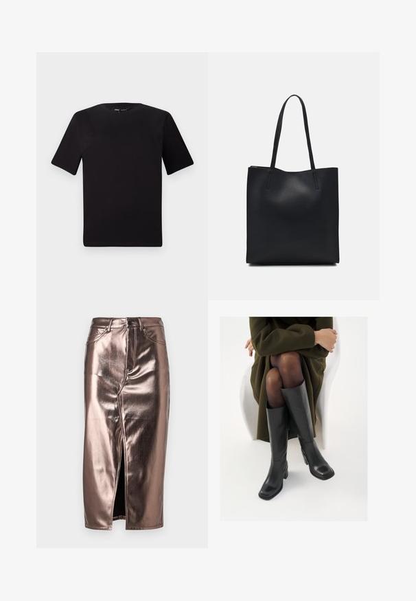 Svart t-skjorte med korte ermer og rund hals, laget av mykt bomullsstoff. Enkelt design, ingen synlige logoer eller mønstre.; Metallic bronsefarget midi-skjørt med en frontslitt, som har en klassisk denim-kutt, fem lommer og knappelukking i midjen.; Knæhøye sorte lærstøvler med firkantet tå og blokkhelt, vist med en modell som sitter iført en olivengrønn kåpe. Glatt tekstur, minimal detaljering.; Svart lær tote bag med glatt tekstur, rektangulær form og to lange håndtak. Ingen synlige deler eller dekorasjoner.