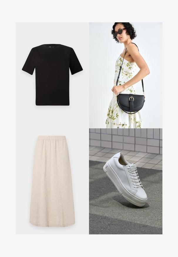 Zwarte T-shirt met korte mouwen en een ronde hals, gemaakt van zachte katoenstof. Eenvoudig ontwerp, geen zichtbare logo's of patronen.; Beige linnen rok met een elastische tailleband, midi-lengte en een subtiel textuurpatroon. Geen zakken of andere zichtbare accenten.; Witte leren sneaker met een low-top ontwerp, platte veters, ronde neus en textuur zijden. Dikke rubberen zool met subtiele accenten.; Zwarte leren handtas met een gebogen vorm, afneembare schouderband en gouden hardware. De tas heeft een klep met een gespsluiting.